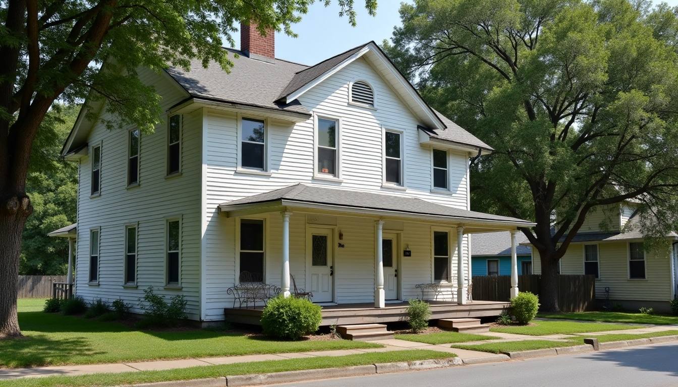 Older two-story home with a patched shingle roof in Darlington