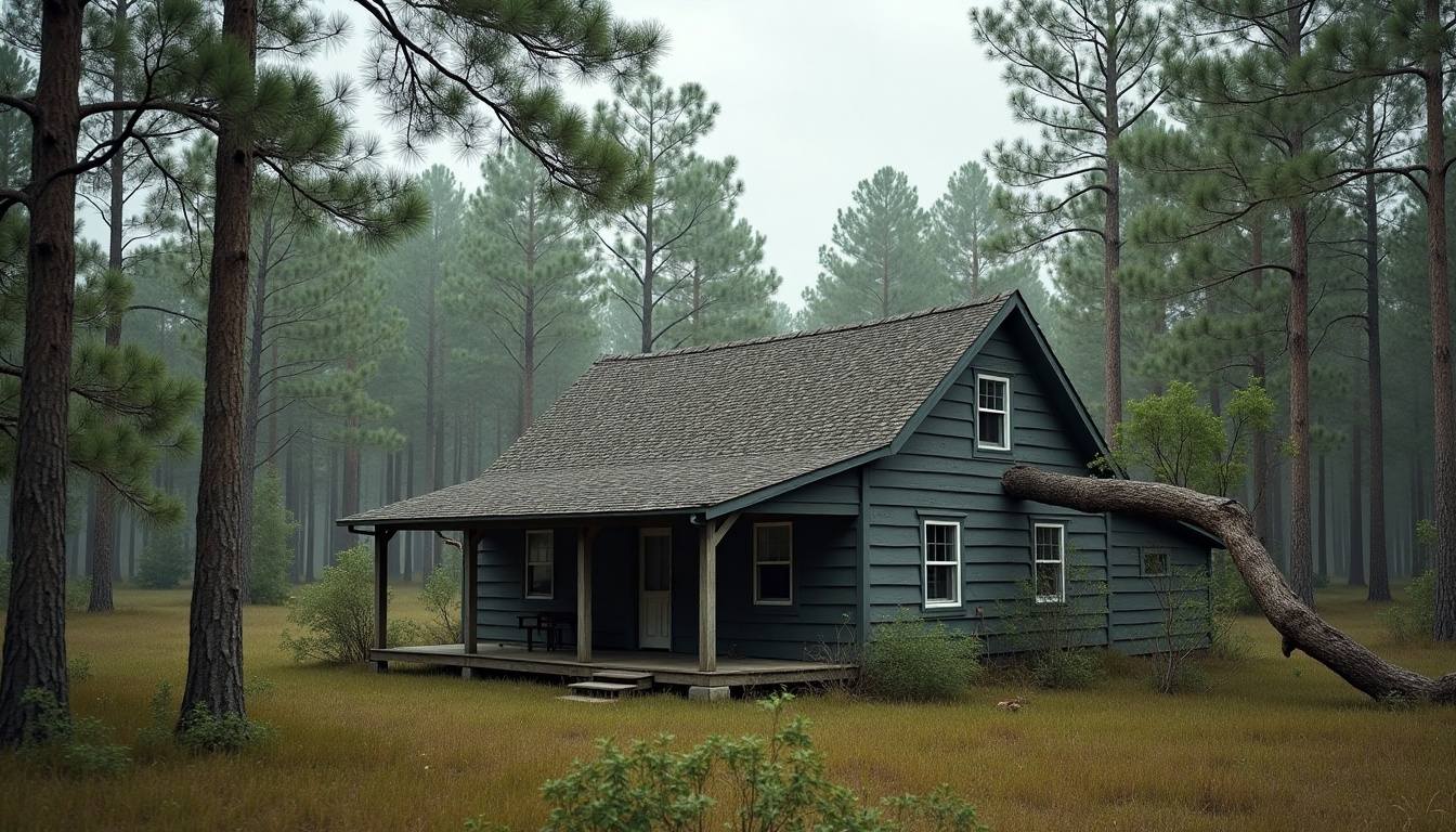 Home near a river-swamp tree line with a pine limb on the roof in Pamplico