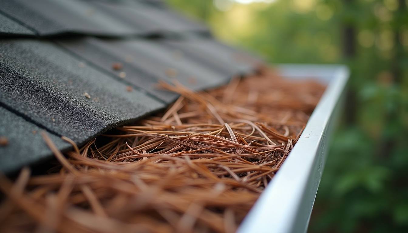 Pine needles in a roof valley and gutter