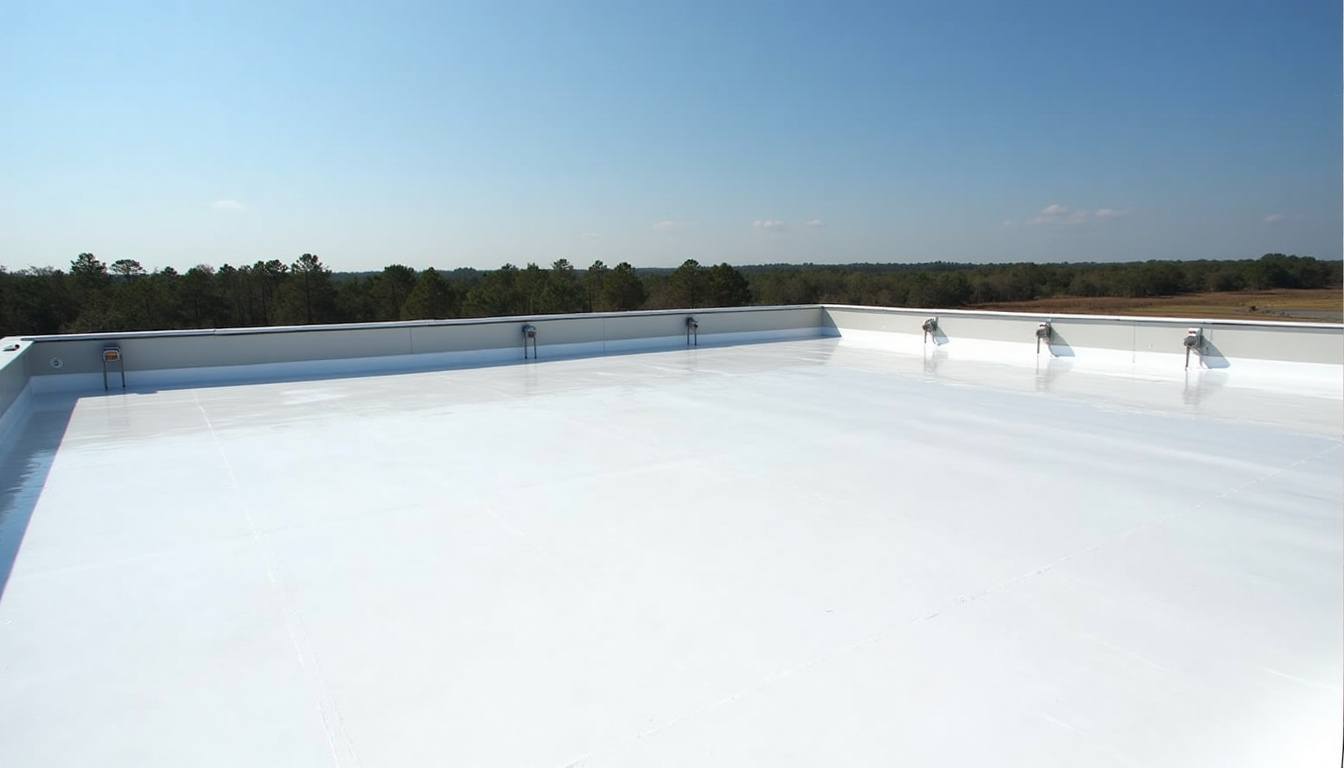 Welded seams on a white TPO commercial roof membrane