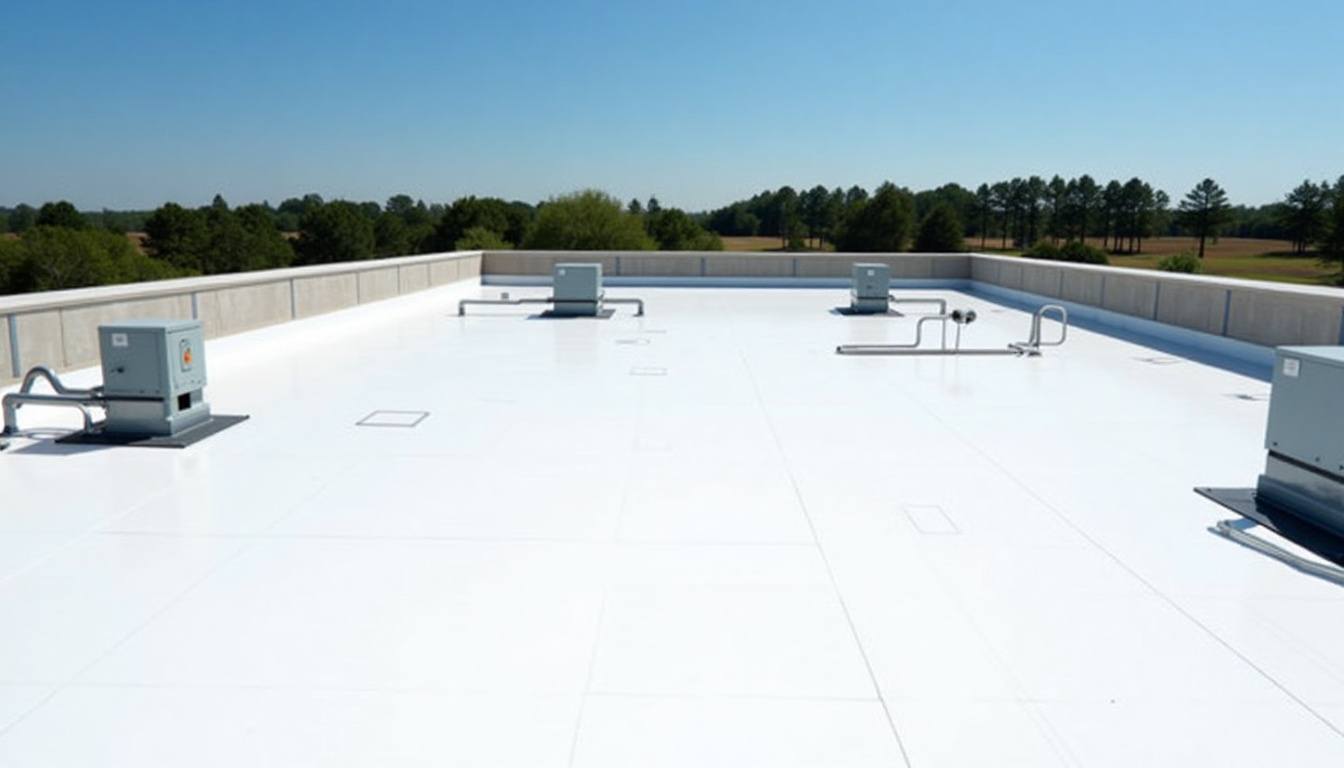 White TPO flat roof with rooftop HVAC units on a commercial building