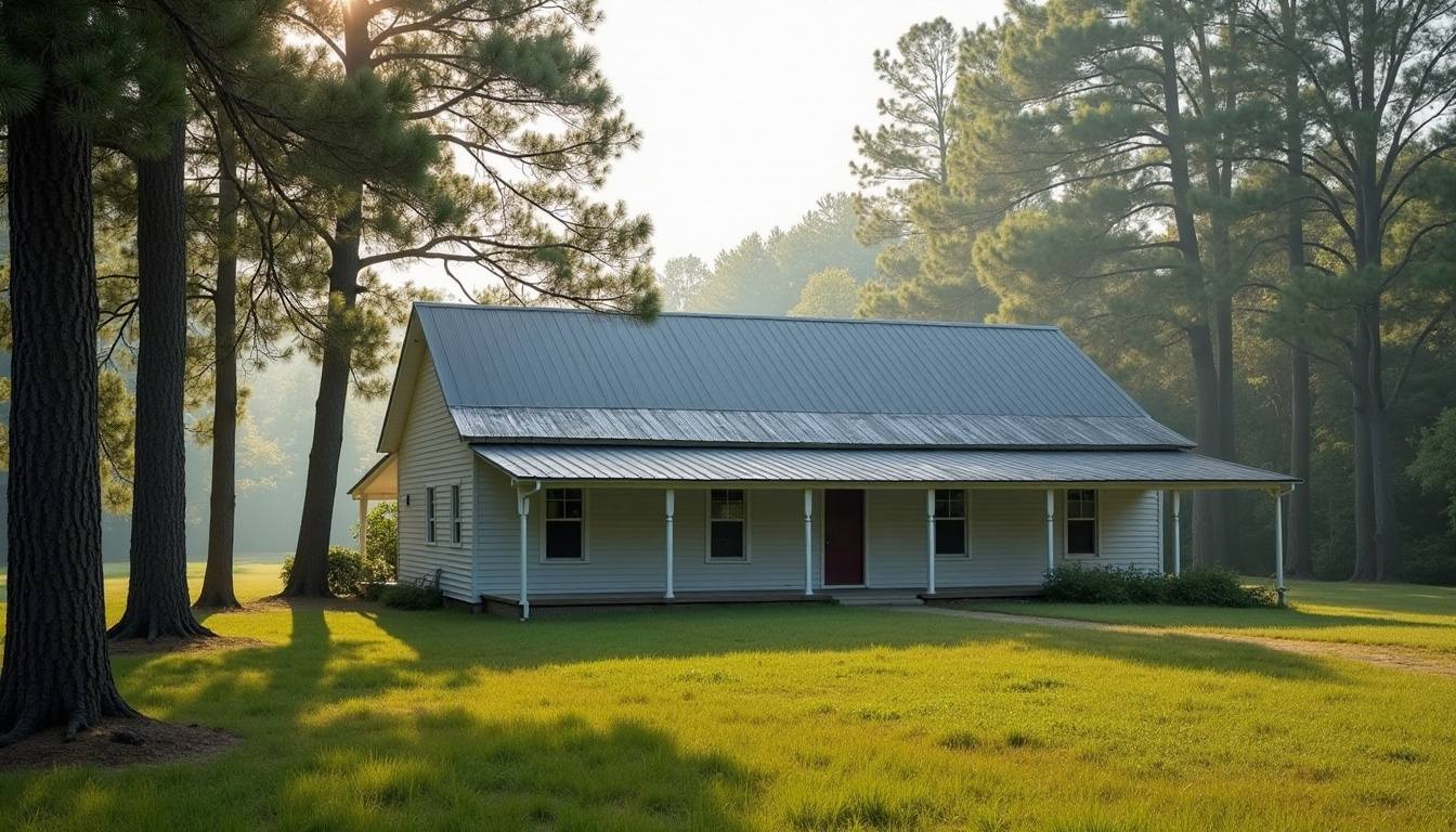 Standing seam metal roof on a farmhouse among pine trees