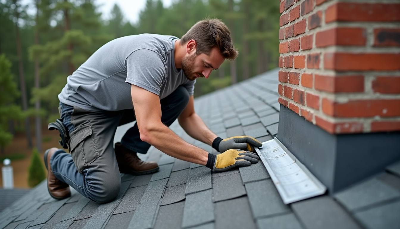 Roofer replacing flashing around a brick chimney during a roof repair