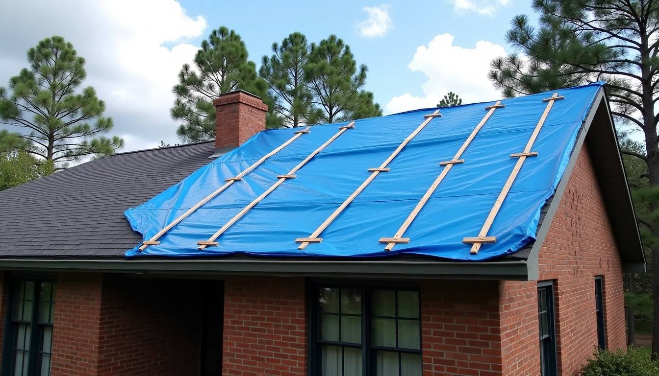 Blue tarp run over the ridge and held with wood battens on a storm-damaged shingle roof